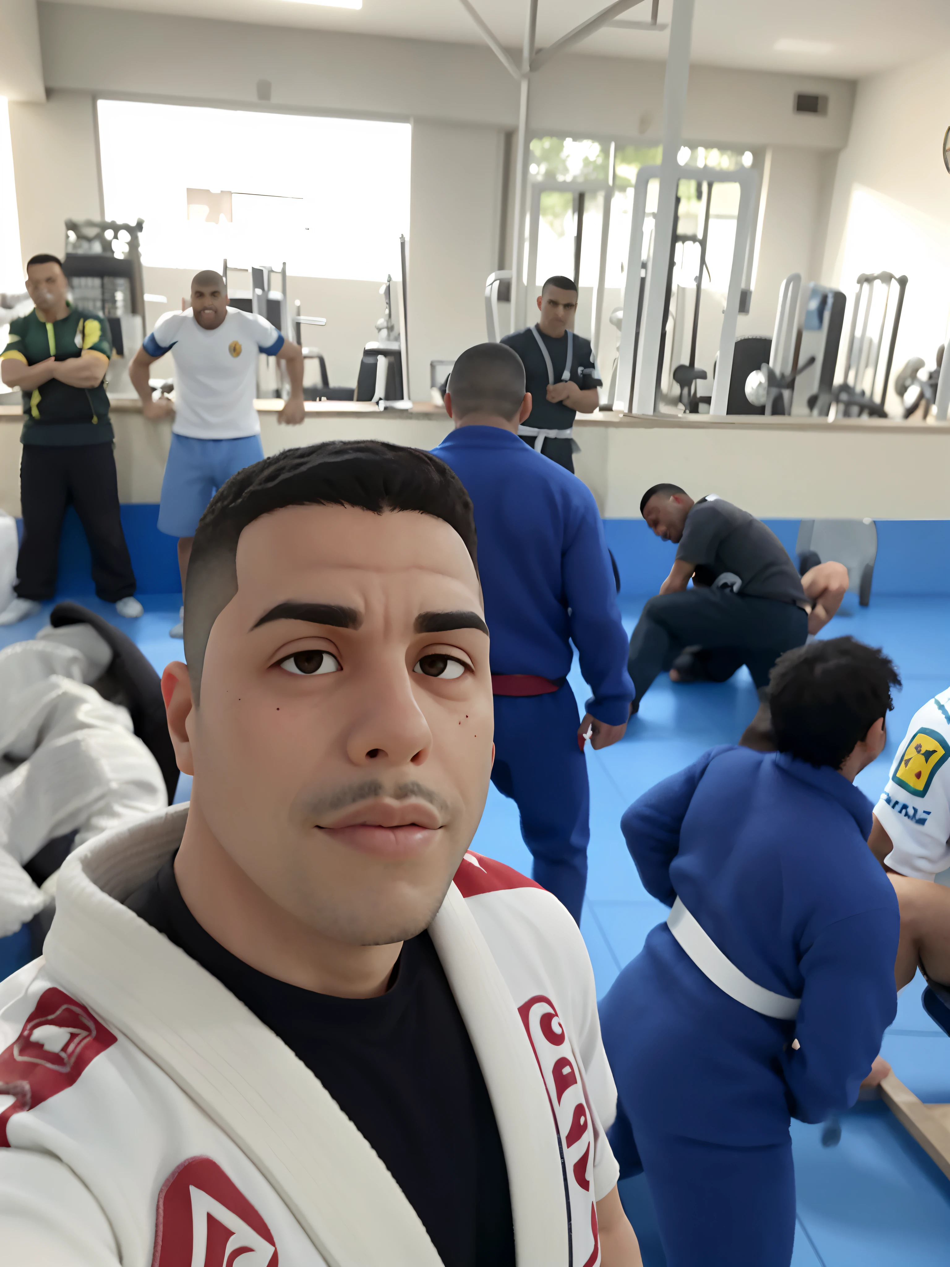 there are many people in a gym with one man in a white belt, david rios ferreira, ronaldo nazario, icaro carvalho, caio santos, ronaldo nazario fenomeno, edu souza, sao paulo, Henry Alvim Correa, joe alves, fernando guerra, edon guraziu, resting after a hard fight