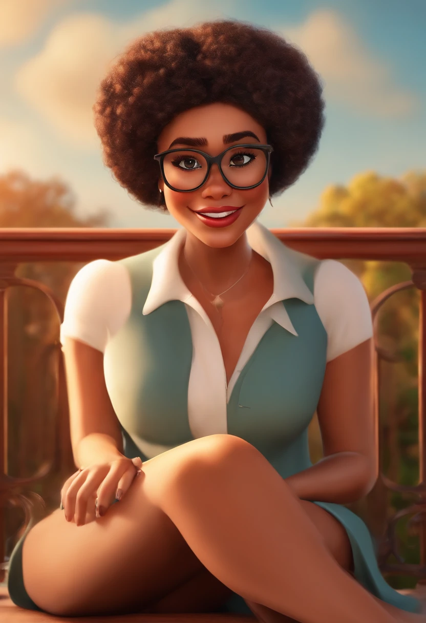 Make a Girl, com cabelos curtos castanhos, de olhos castanhos, branca, Wearing red glasses, estatura de 1,68, corpo mediano como Disney Cartoon, She's sitting in a square, Pixar, ....3d, Disney