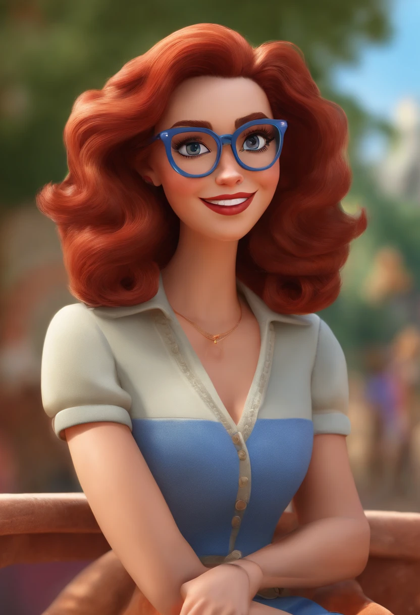 Make a Girl, com cabelos curtos castanhos, de olhos castanhos, branca, Wearing red glasses, estatura de 1,68, corpo mediano como Disney Cartoon, She's sitting in a square, Pixar, ....3d, Disney