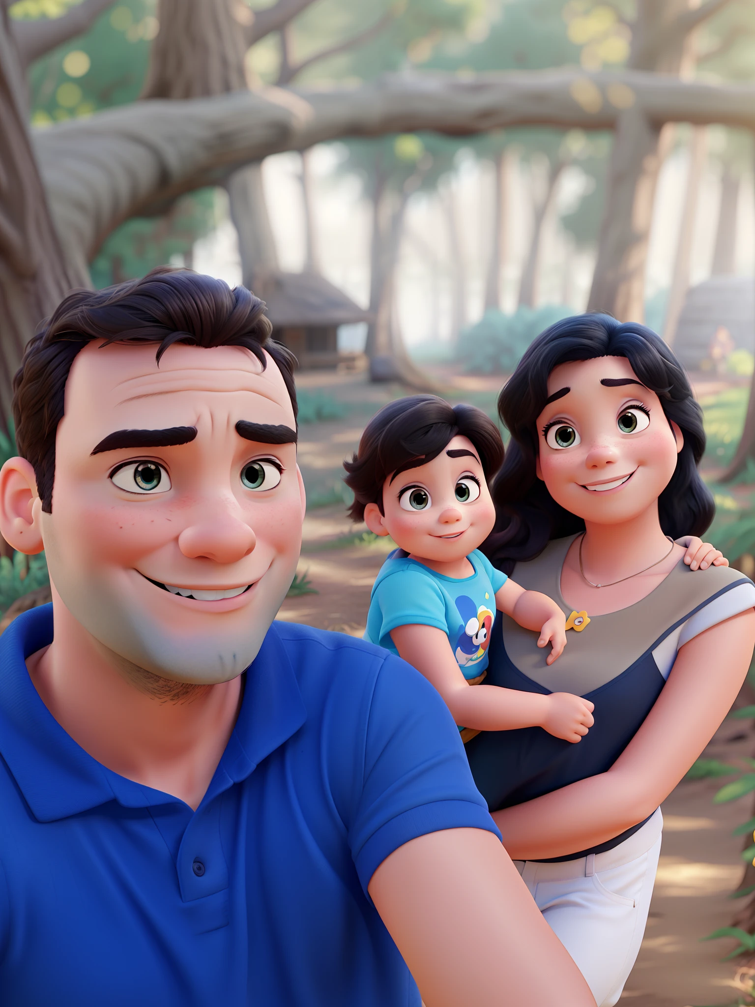 A Disney Pixar-style family in the woods on a sunny day, alta qualidade