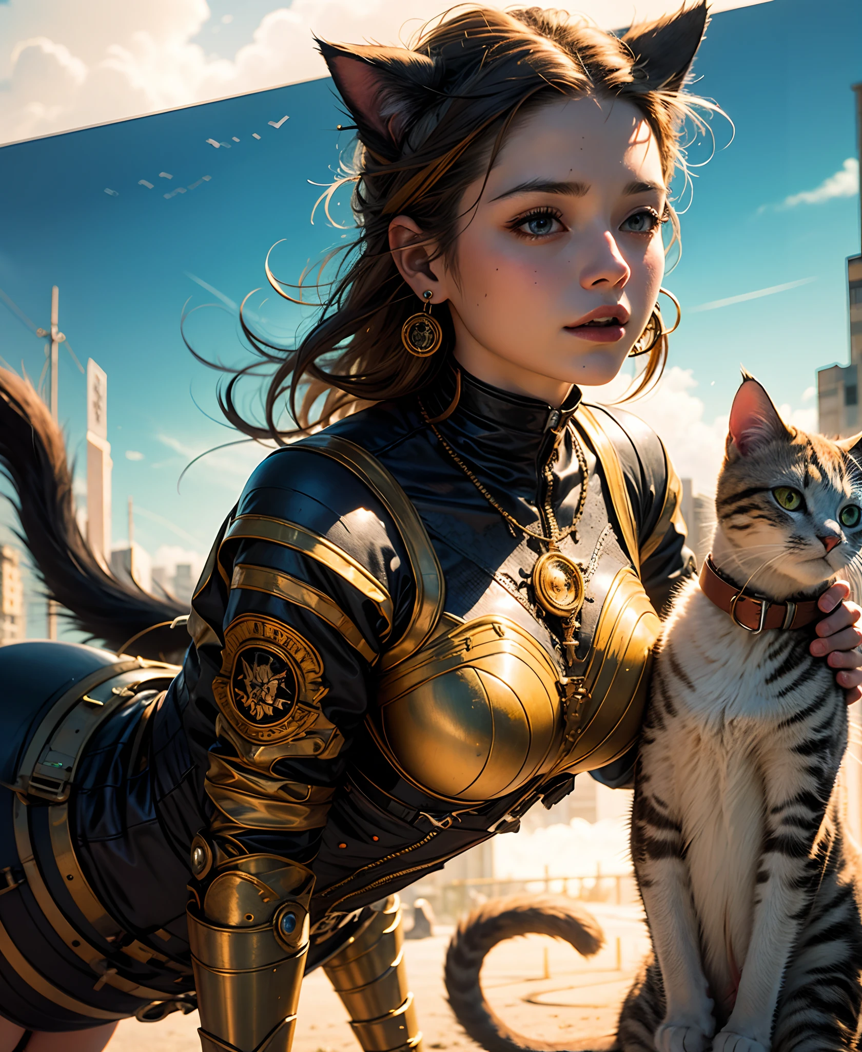 (best quality,4k,8k,highres,masterpiece:1.2),ultra-detailed,(realistic,photorealistic,photo-realistic:1.37),Steampunk girl with a cat robot companion,poised in a candlelit room,eye contact with the viewer,captured in a wide-angle shot,metallic texture,mysterious atmosphere,golden color palette,industrial machinery,clockwork mechanisms,Victorian fashion and accessories,sophisticated hairstyle,elaborate corset and gears,intricate cogwheels,soft candlelight illuminating the scene,intriguing shadows and contrasts,detailed textures on walls and furniture,glimmering reflection on brass and copper surfaces,mechanical cat with intricate details,steely blue eyes of the cat,gear-shaped badges and embellishments,polished leather boots,matching gloves and goggles in brass frame,impressive mechanical wings extending from the girl's back,exquisite clock-inspired jewelry,antique books and parchment scrolls scattered on a wooden desk,a steaming teacup on a saucer, aged parchment with handwritten notes and sketches,artificial intelligence cat robot with subtle cat-like movements,advanced robotic joints and limbs,meticulous attention to detail in the girl's eyes and face, capturing her expression of curiosity and determination,richly patterned wallpaper with floral motifs,ornate candleholders and chandeliers suspended from the ceiling,delicate lace curtains framing the window,moody and atmospheric lighting, providing an ethereal glow,wide-angle shot capturing the grandeur of the room,showcasing the unique blend of technology and antiquity,immersive and captivating scene, combining elements of fantasy and retro-futurism.