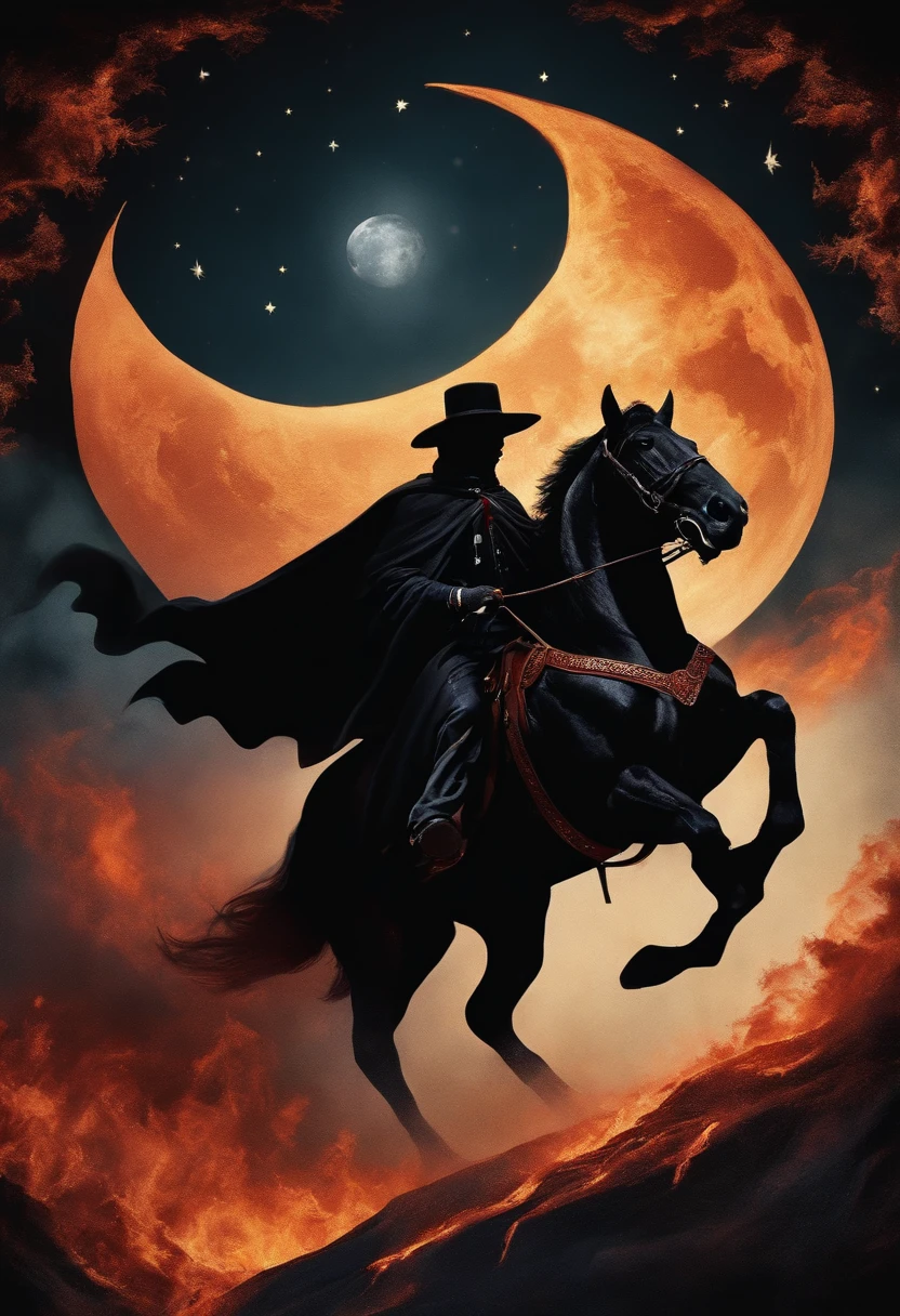 "Man with a big black hat, a wide black cloak, wearing black clothes, with flaming eyes, riding a black horse with fiery eyes, on the moon."