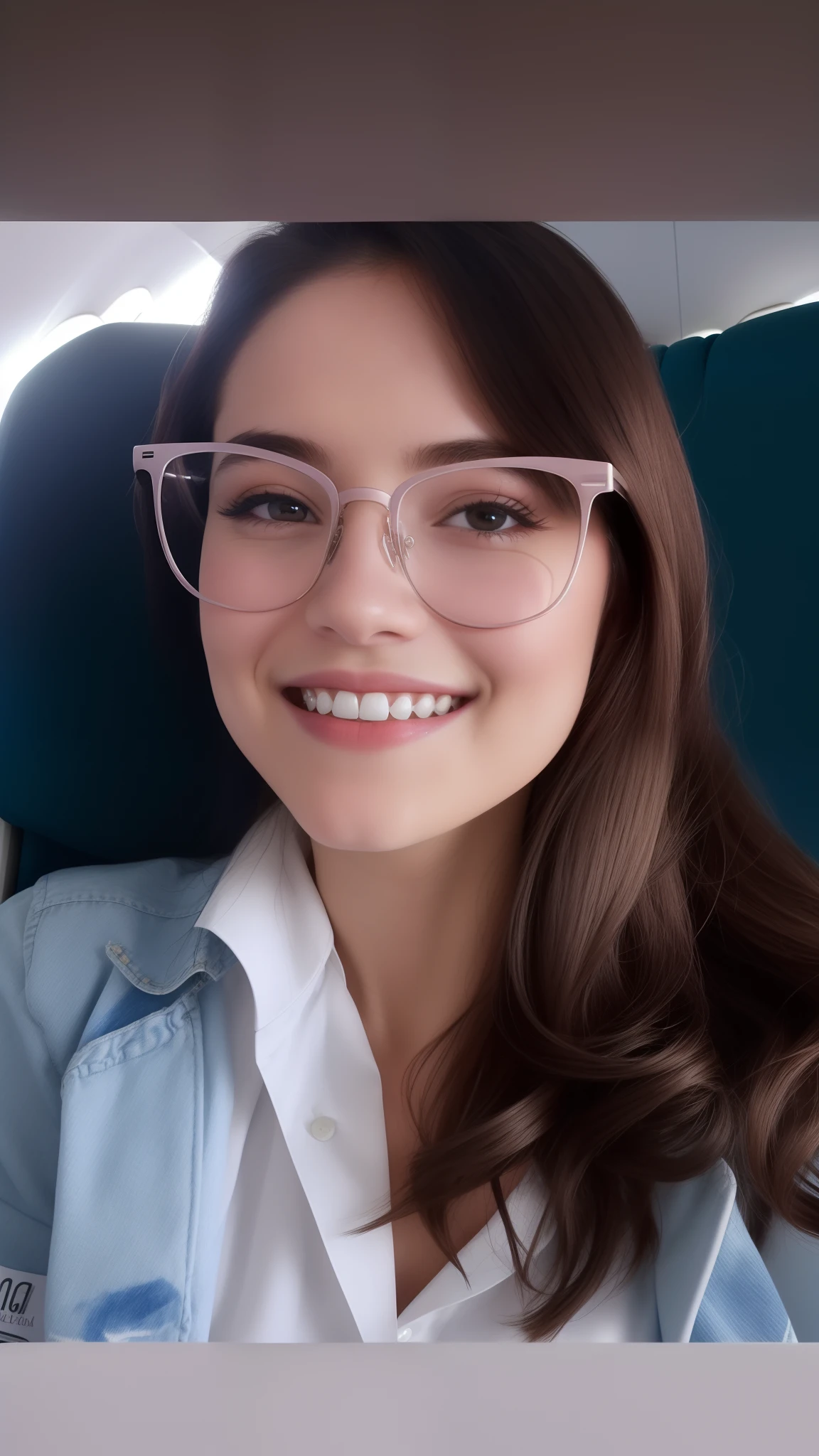 Smiling woman with braces and glasses sitting on an airplane, Anastasia Ovchinnikova, bonito ligeiramente nerd sorriso, leve sorriso nerd, girl with glasses, With eye Glasses, by Amelia Peláez, Viktoria Gavrilenko, Betty feia, wearing square glasses, She is grinning, Anna Nikonova aka Newmilky, by Gina Pellón