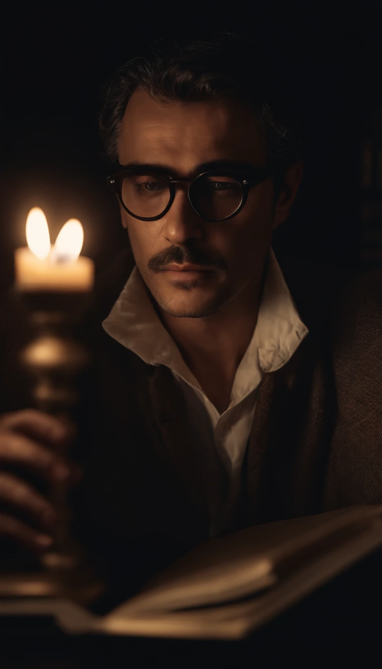 Um belo escritor masculino , with depression , wearing goggles , em um quarto escuro cercado por livros , lit by candle light , Beautiful photorealistic illustration , detalhes intrincados de frente