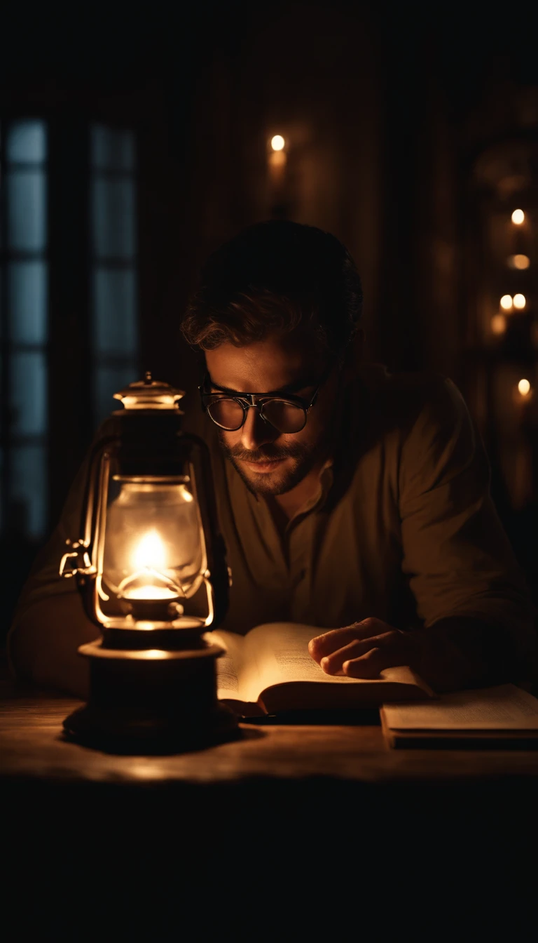 Um belo escritor masculino , with depression , wearing goggles , em um quarto escuro cercado por livros , lit by candle light , Beautiful photorealistic illustration , detalhes intrincados de frente