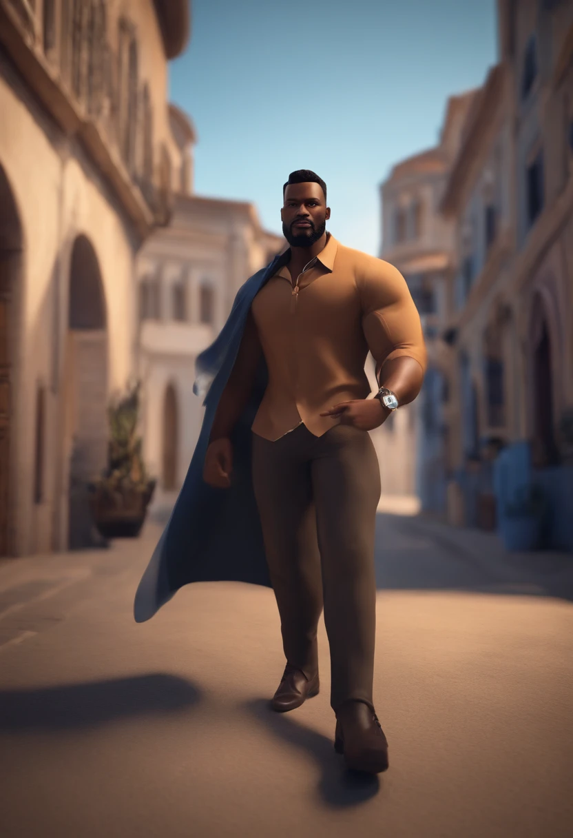 personagem dos desenhos animados de um homem negro, forte, camisa azul, cabelo muito curto corte degrade , animation character, Caractere estilizado, animation style rendering, 3D estilizado, Personagem 3D, (melhor qualidade) (pele detalhada) (textura detalhada) (8k) (argila) (Cinematic lighting) (foco nítido),