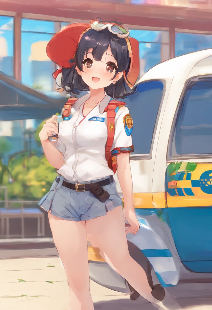 Road, police car, best quality, masterpiece, black hair,18 years old pretty girl,dark blue bloomers,white gym clothes,wearing dark blue bloomers,ass through bloomers,smile,white skin,standing,two are good friends,lesbian,flirting,hugging,laughing,shy,