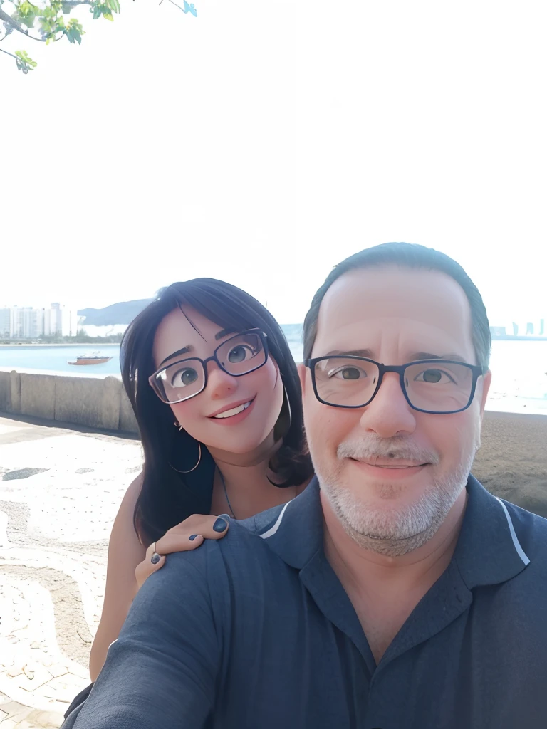 They're taking a selfie of themselves in front of the water, Casal feliz