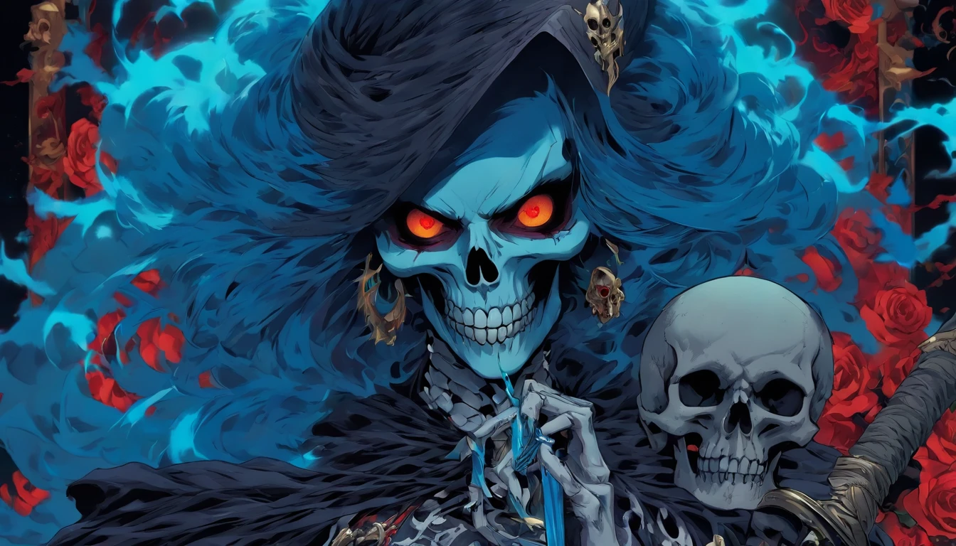 lady death as a lich with a skull tattoo,1 red eye,1blue eye and holding a scythe.
