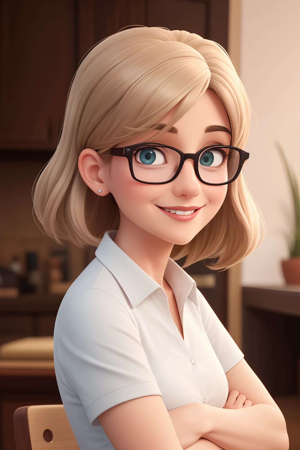 Uma mulher de 48 anos, com cabelos castanhos curtos, Rosto redondo, rosto redondo com sorriso encantador, e olhos castanhos, Wearing Craftsman Profession Glasses