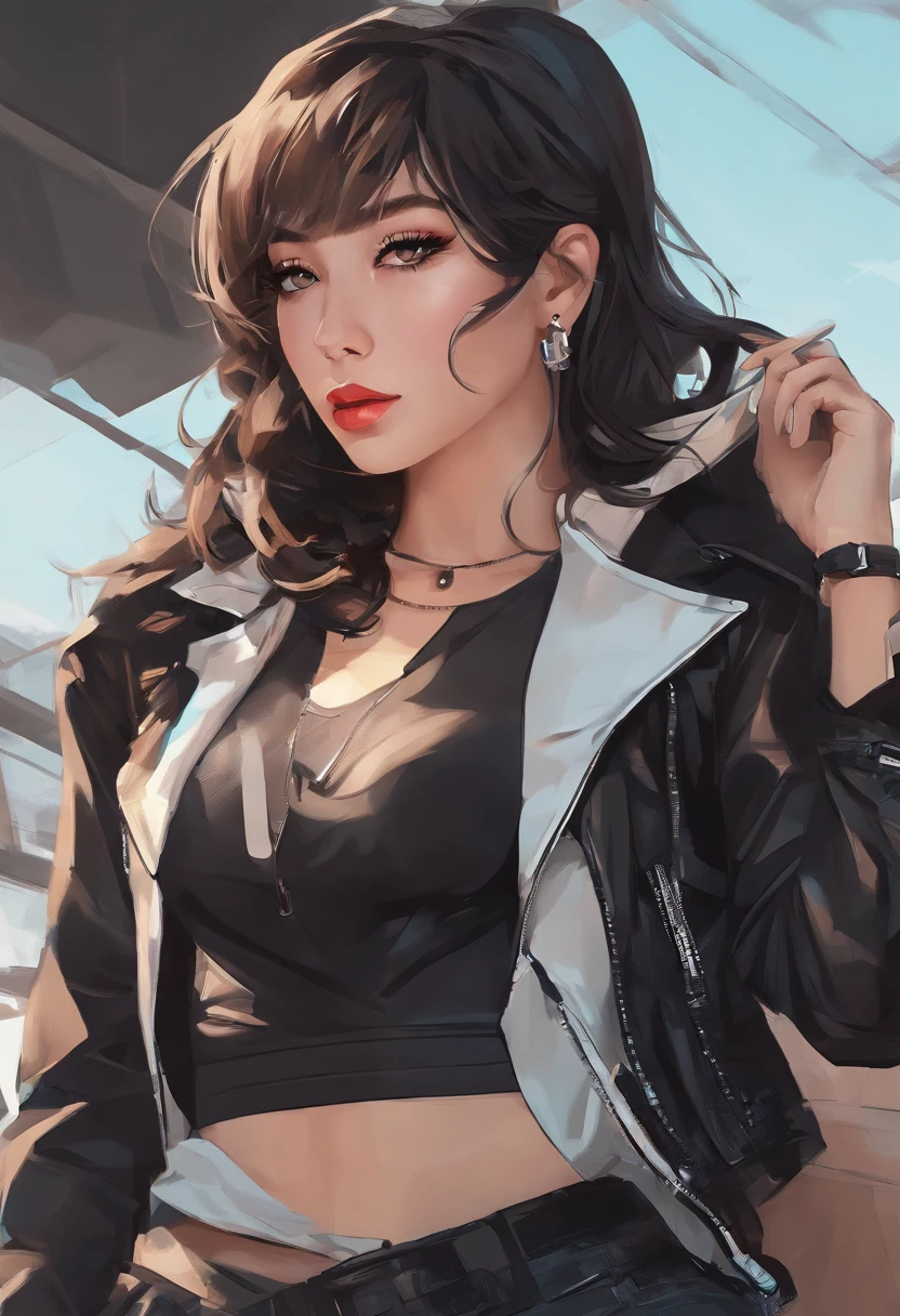 araffe woman in a leather jacket and jeans posing for a picture, cyberpunk 2 0 y. o model girl, seductive tifa lockhart portrait, tifa lockhart, cyberpunk angry gorgeous goddess, beautiful cyberpunk woman model, tifa, cyberpunk beautiful girl, beautiful digital artwork, female cyberpunk anime girl, wojtek fus, jet black haired cyberpunk girl, trending on artstation hd