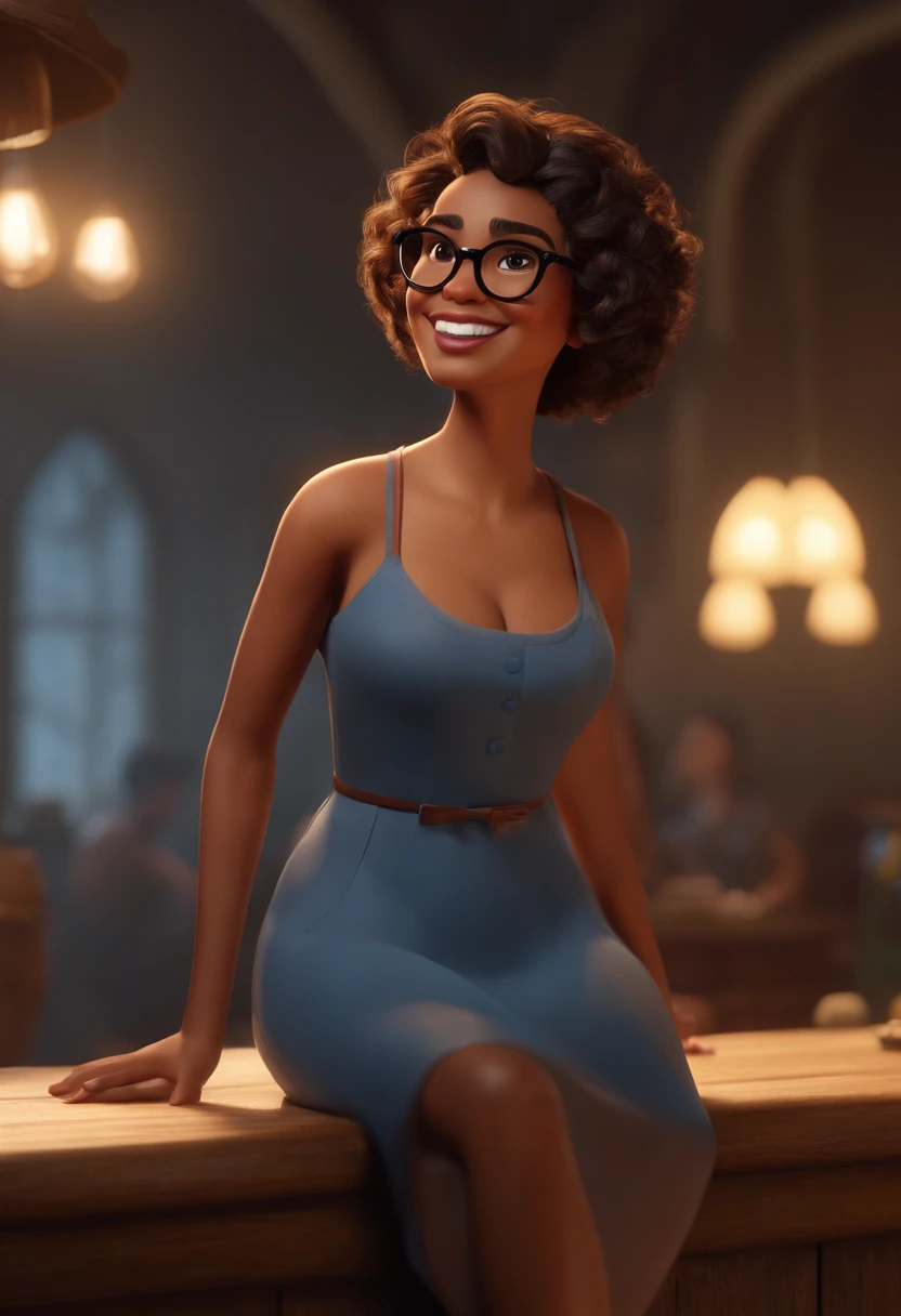 (best quality,4k,8k,highres,masterpiece:1.2),ultra-detailed,realistic,photorealistic,3D,short curly hair with glasses,beautiful brown-skinned woman, dancing, Disney makeup,Disney character,Pixar style,fisherman,cute,smiling,close-up shot, Pixar animation,Disney animation, cinematic lighting