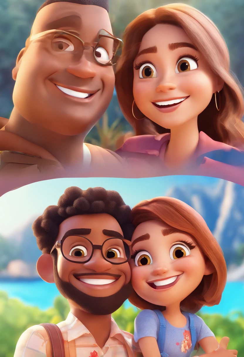 An illustration of an adorable couple, Highlight for a chubby mulatto man with smiling glasses and a brunette woman with beautiful expressive eyes - the man's skin is mulatto and the man's hair has, while the woman's skin is black and the woman's hair is straight and brown. They are a bright room, cada um com um sorriso no rosto, e compartilhar um momento especial caracterizado pelo amor, Insights. Illustrate this scene from a perspective where they are facing the camera, Smiling and Showing Your Connection. Desenvolva esta arte em Full HD, Focus on your cinematic touch, Estilo Disney Pixar Animations