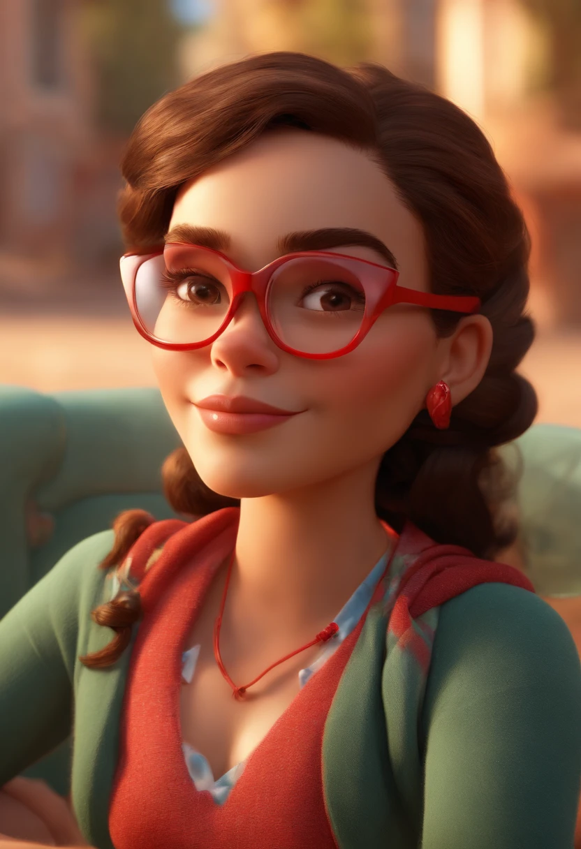 Make a Girl, com cabelos curtos castanhos, de olhos castanhos, branca, Wearing red glasses, estatura de 1,68, corpo mediano como Disney Cartoon, She's sitting in a square, Pixar, ....3d, Disney