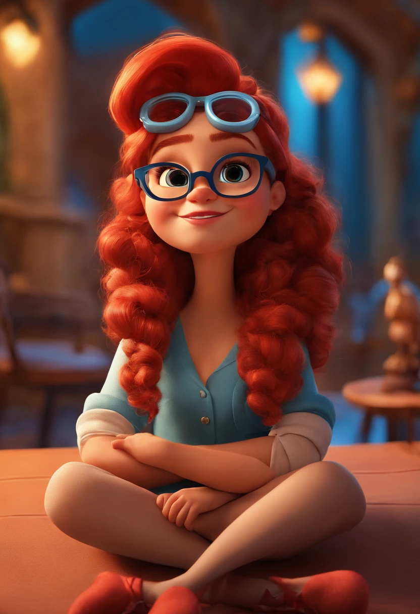 Make a Girl, com cabelos curtos castanhos, de olhos castanhos, branca, Wearing red glasses, estatura de 1,68, corpo mediano como Disney Cartoon, She's sitting in a square, Pixar, ....3d, Disney