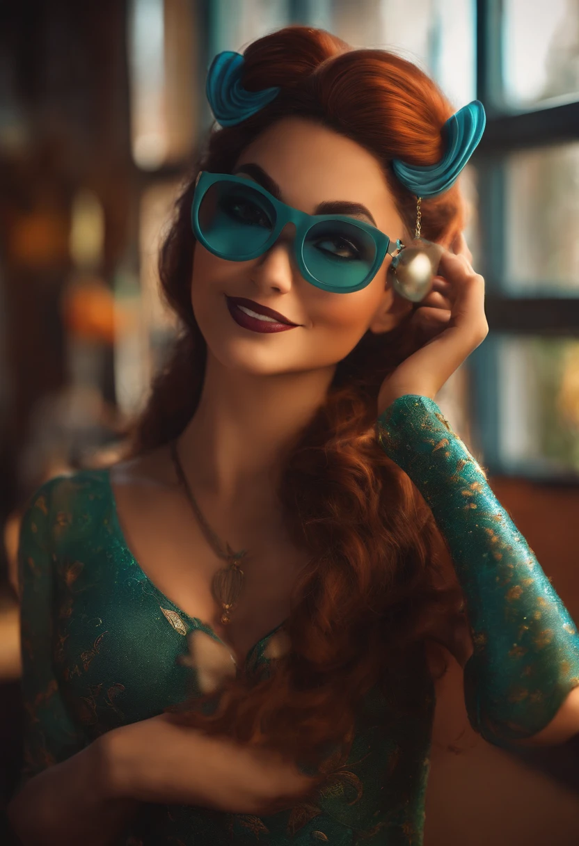 Pixar style image with 3D character glasses, mulher morena marrom, cabelos cacheados longos, Maquiagem Disney, roupa de caveira, bonitinho, sorridente ,Close-up, Pixar, Disney, Cinema lighting, fundo de um estudio de tattoo
