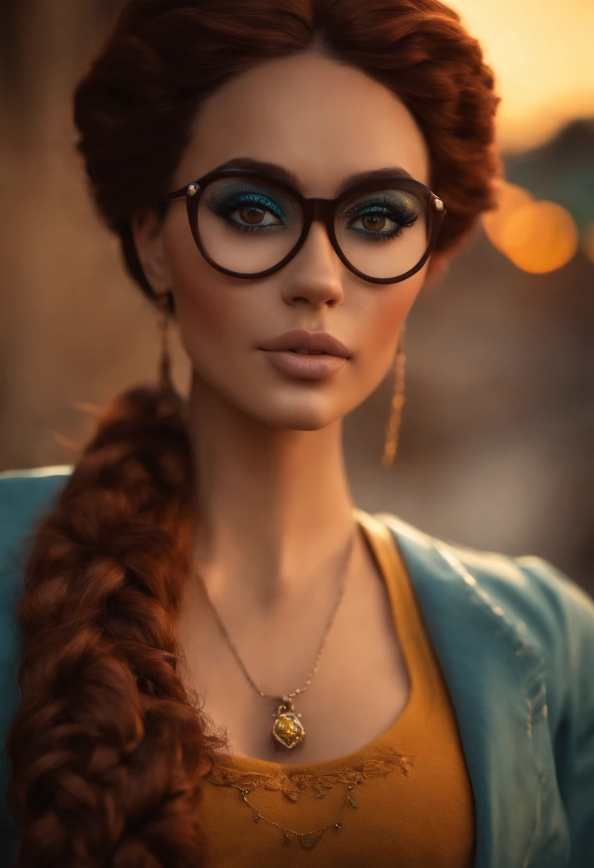 Pixar style image with 3D character glasses, mulher morena marrom, cabelos cacheados longos, Maquiagem Disney, roupa de caveira, bonitinho, sorridente ,Close-up, Pixar, Disney, Cinema lighting, fundo de um estudio de tattoo