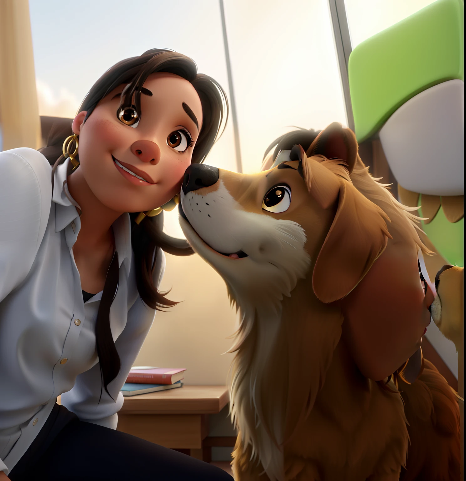 A woman with brown eyes and black hair being kissed on the cheek by a golden retriever dog, estilo pixar disney, ,alta qualidade, melhor qualidade