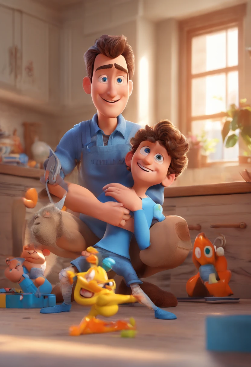 Estilo Pixar: The grown man is holding a naked blue-eyed boy and in his other hand he is holding a pair of scissors and is trying to cut off the boy's testicles,3D Poster,Disney