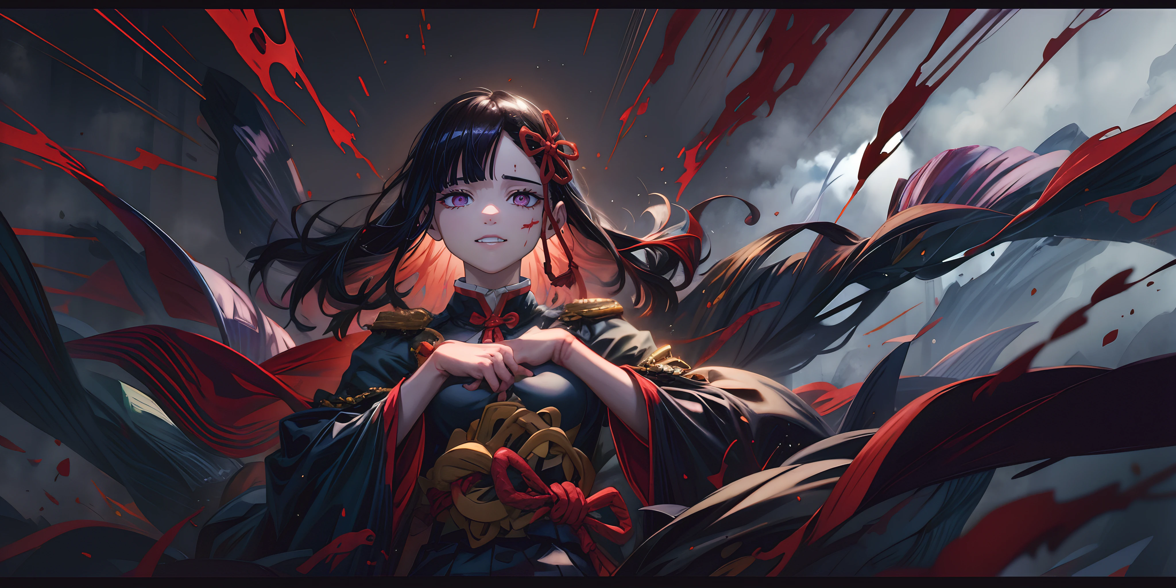 breasts, epic art, fantasy, blood, 1girl, breasts, blood_on_face, letterboxed, cleavage, black_dress, bloody_weapon, bloody_clothes, dress, medium_breasts, solo, blood_splatter, looking_at_viewer, glow effects, godrays, Hand drawn, render, 8k, octane render, cinema 4d, blender, dark, atmospheric 4k ultra detailed, cinematic, Sharp focus, big depth of field, Masterpiece, colors, 3d octane render, 4k, concept art, trending on artstation, hyperrealistic, Vivid colors, extremely detailed CG unity 8k wallpaper, trending on CGSociety, Intricate, High Detail, dramatic, anime coloring, anime screencap, steaming body, fog, heavy breathing,