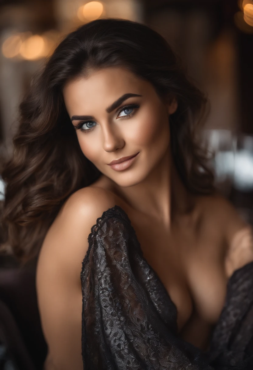 Femme aux vêtements noirs, fille sexy aux yeux bruns, cheveux bruns et grands yeux, Selfie d’une jeune femme, maquillage naturel, Regarder directement la caméra, Superbe photo du corps entier, au restaurant, belle poitrine