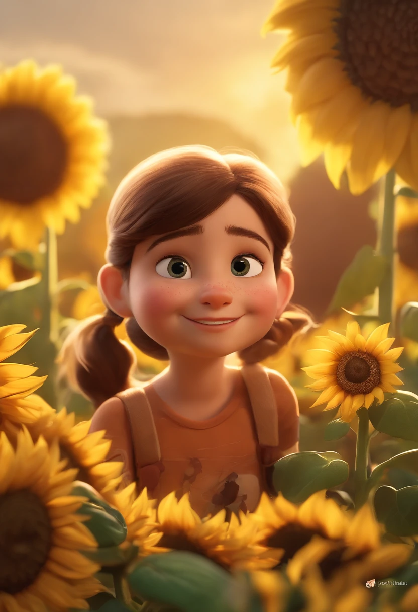 Create a Disney PIXAR-style 3D poster. ((Image center 3 children)) ((1 menina no meio e 2 meninas ao lado, They're hugging each other, 1 menina tem pele branca e cabelos castanhos escuros e olhos castanhos escuros, 1 menina de 2 anos tem pele clara, medium and wavy brown eyes and hair, e a outra menina tem pele branca, olhos azuis e cabelos escuros e lisos)) o Pai tem pele branca, barba, e alto e com estatura forte, Mom has brunette fur, cabelo preto ondulado ((tudo isso no estilo Disney PIXAR 3D, In the background, A house of sunflowers, Gloria Studio, The garden is full of nature 3D render RTX clay material, estilo de design cartunesco, POP Mart, soft lighting, linhas suaves, Spring tilt, Detailed illustrations of PIXAR 3D, Detalhes hiper-realistas, cor quente no estilo Disney PIXAR 3D))