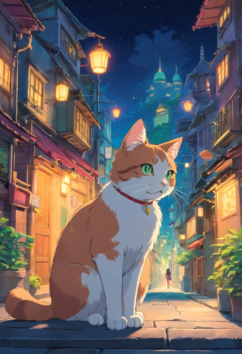 cat in cityscape at night