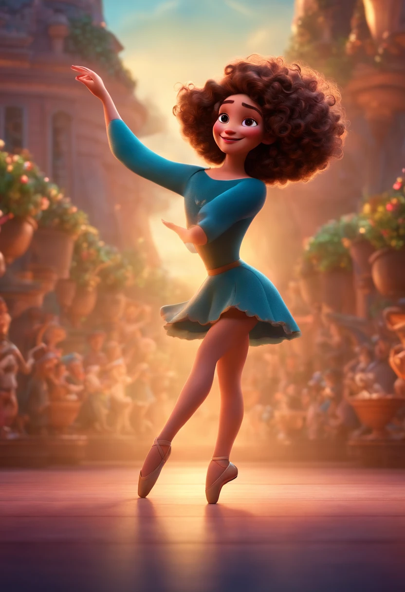 Pixar style image with 3D character brunette woman big curly hair lit dancing ballet, Maquiagem Disney,Pescador, bonitinho, sorridente ,Close-up, Pixar, Disney, Cinema lighting,