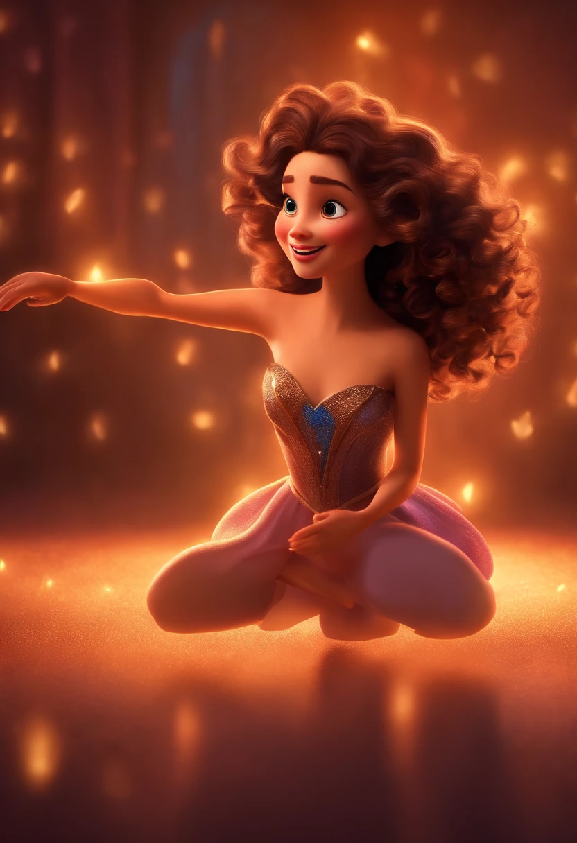 Pixar style image with 3D character brunette woman big curly hair lit dancing ballet, Maquiagem Disney,Pescador, bonitinho, sorridente ,Close-up, Pixar, Disney, Cinema lighting,