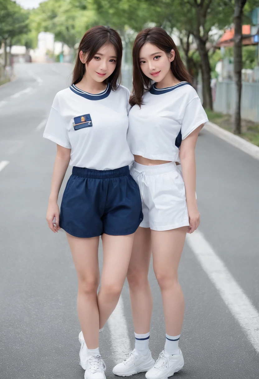Road, police car, best quality, masterpiece, black hair,18 years old pretty girl,dark blue bloomers,white gym clothes,wearing dark blue bloomers,ass through bloomers,smile,white skin,standing,two are good friends,lesbian,flirting,hugging,laughing,shy,
