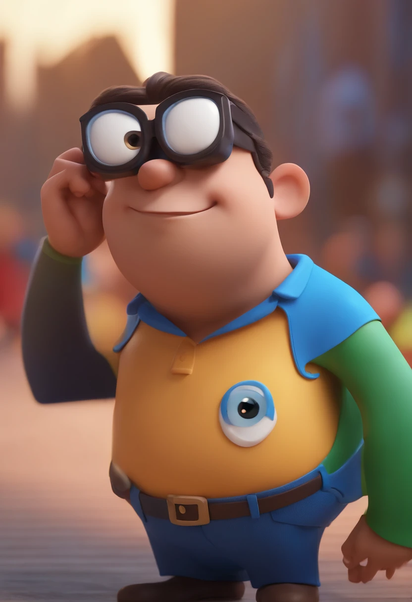Cartoon character of a man wearing black glasses and a blue shirt, um personagem animado, Caractere estilizado, animation style rendering, 3D estilizado, Arnold Maya render, 3 d render stylized, toon render keyshot, Personagem 3D, Personagem 3D, 3d rendering stylized, 3 d character render, personagem de desenho animado, Personagem de close up, Pose de personagem, (Estilo Pixar) (master part:1.2) (Bokeh) (best quality) (pele detalhada) (textura detalhada) (8k) (argila) (Cinematic lighting) (foco nítido,Senta e vaza a parte superior do corpo