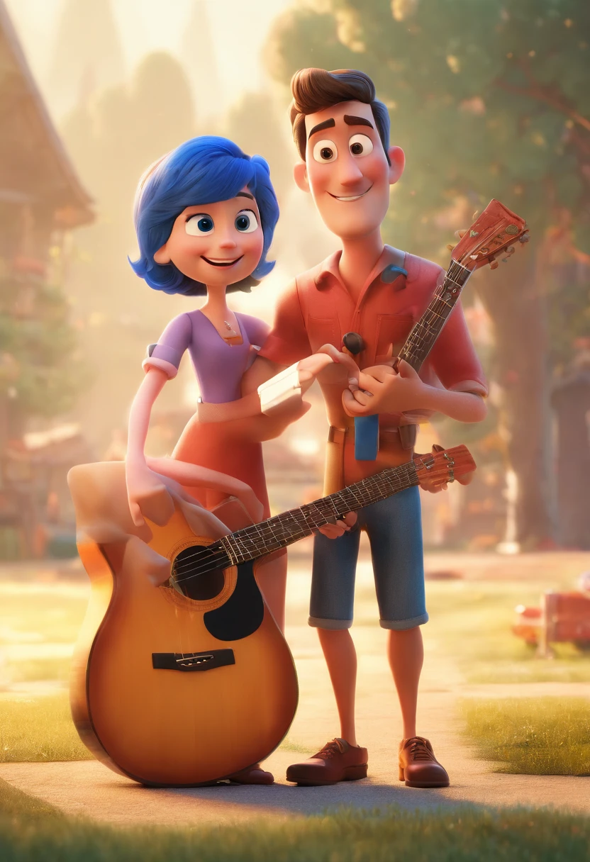 Estilo Pixar: The adult man is holding a naked blue-eyed boy and his mother is holding a guitar for the boy,3D Poster,Disney