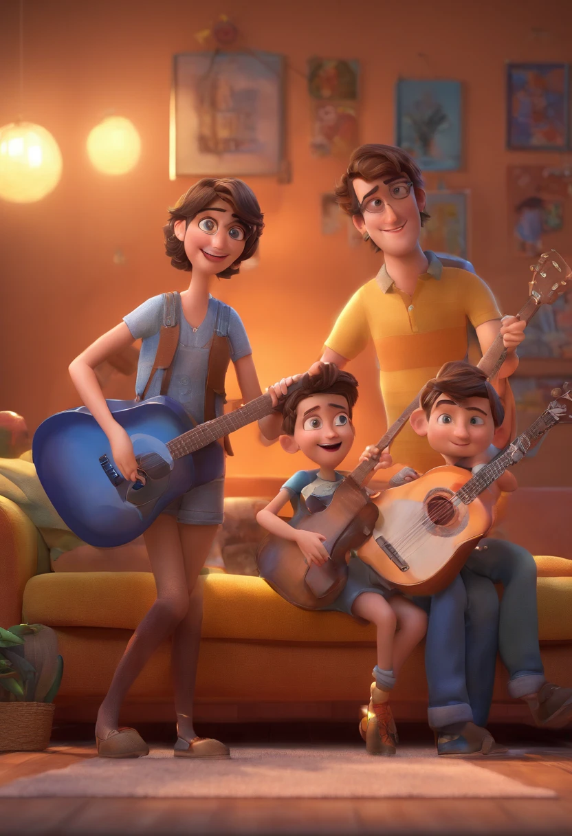 Estilo Pixar: The adult man is holding a naked blue-eyed boy and his mother is holding a guitar for the boy,3D Poster,Disney