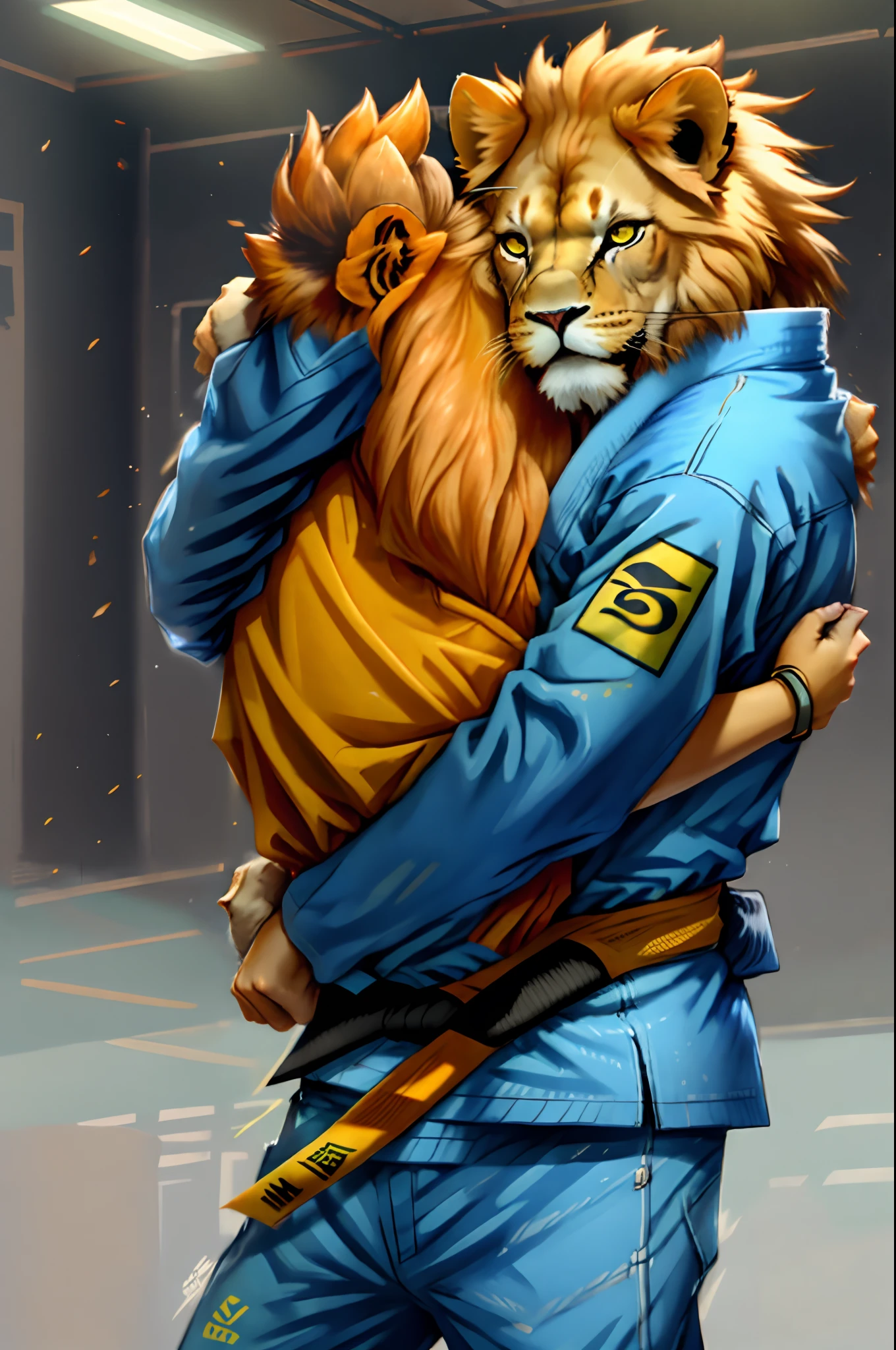 Male, (((duo))) character, Lion, Tiger, Male focus, 8k wuality, ultra realistic, 3d render, digital art, beautiful and detailed portrait of a Male Lion, Tiger, kenket, Ross Tran,ruan jia, uploaded to e621, zaush, foxovh, cenematic lighting, (((confident, seductive))), not muscular, weak, (((whole body showed))), (((detailed green eyes))), (((correct position))), (((dating))), (((loving eyes))), (((full in love))), (((seductive))), (((seduction))), (((master))), (((dominant))), (((sexy))), (((full body commission))), (((whole body showed))), (((feets paws))) 4 toes, (((full body))), (((sport clothes))), (((sweating wet)))