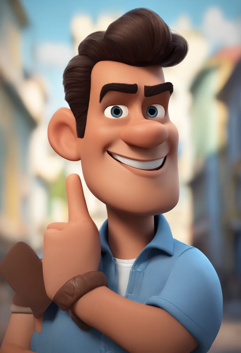 Personagem de desenho animado de um homem quase careca, cabelos pretos pretos, segurando um laptoope usando uma camisa azul, um personagem animado, Caractere estilizado, animation style rendering, 3D estilizado, Arnold Maya render, 3 d render stylized, toon render keyshot, Personagem 3D, Personagem 3D, 3d rendering stylized, 3 d character render, personagem de desenho animado, Personagem de close up, Pose de personagem, (Estilo Pixar) (master part:1.2) (Bokeh) (best quality) (pele detalhada) (textura detalhada) (8k) (argila) (Cinematic lighting) (foco nítido，Senta e vaza a parte superior do corpo