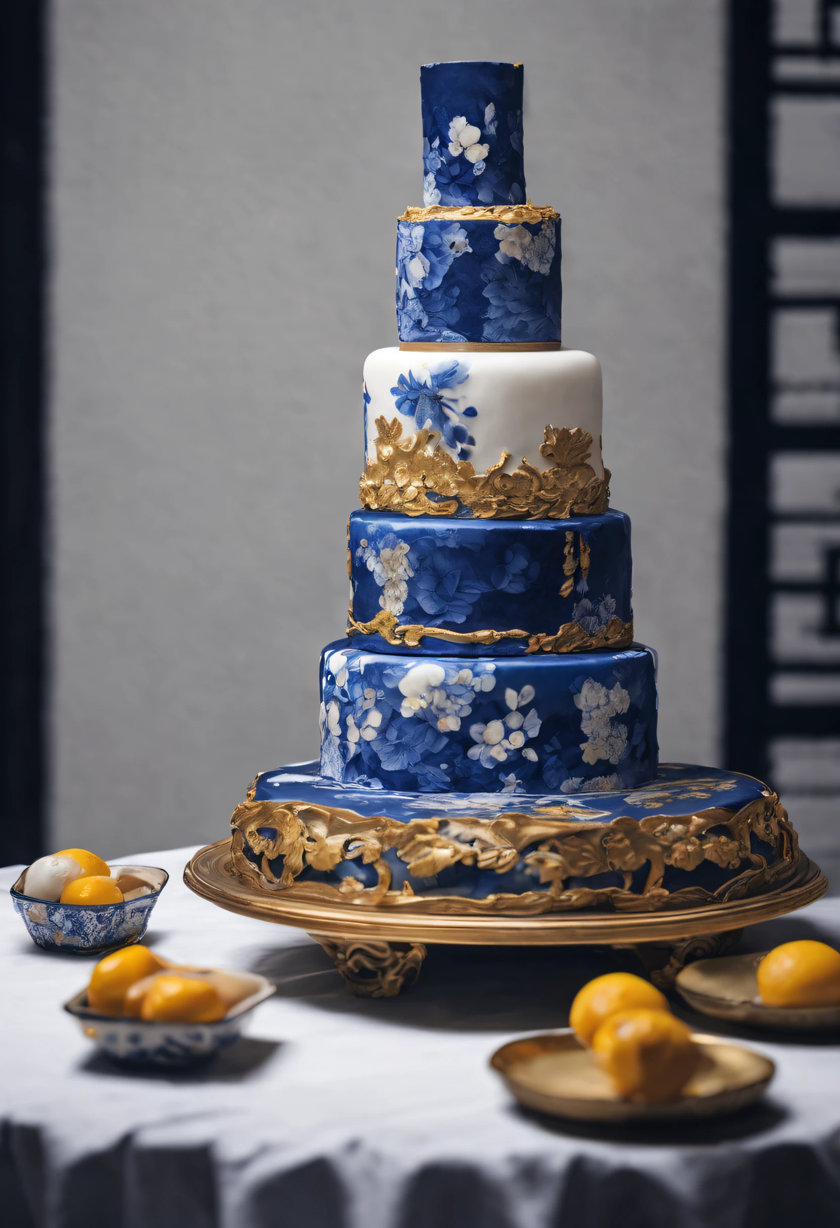 (Cake on a plate) ,Blue and white design, cake art, Blue, White and gold, Jelly cake, Blue and white clothes, Chinese style, chinese blue and white porcelain, cake sculpture, Chinese traditional,ancient chinese ornate, Background: Dark blue,close up photograph,Photography,a beautiful painting by Tan Yin,Alphonse Mucha,Ukiyo-e art,Palette knife painting,Masterpiece,Chinese painting,dripping paint,author:nobuyoshi araki, author:paul barson,Mellow Atmosphere,Calm atmosphere,Depth of field (degrees of freedom),Close up,gentle illumination, --AR 9:16 --style raw --upbeta3D rendering