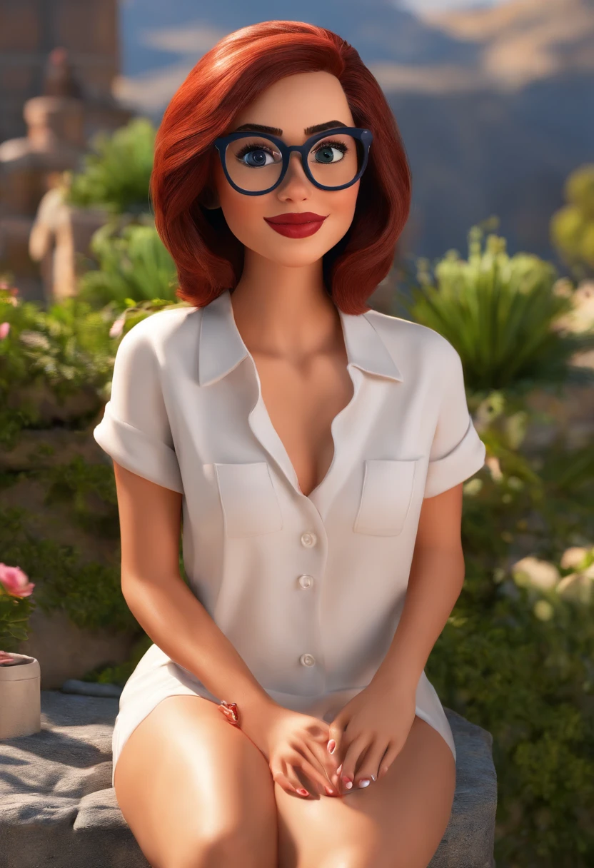 Make a Girl, com cabelos curtos castanhos, de olhos castanhos, branca, Wearing red glasses, estatura de 1,68, corpo mediano como Disney Cartoon, She's sitting in a square, Pixar, ....3d, Disney