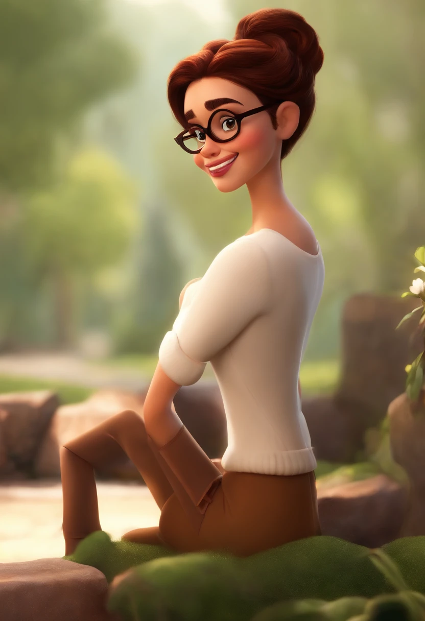 Make a Girl, com cabelos curtos castanhos, de olhos castanhos, branca, Wearing red glasses, estatura de 1,68, corpo mediano como Disney Cartoon, She's sitting in a square, Pixar, ....3d, Disney