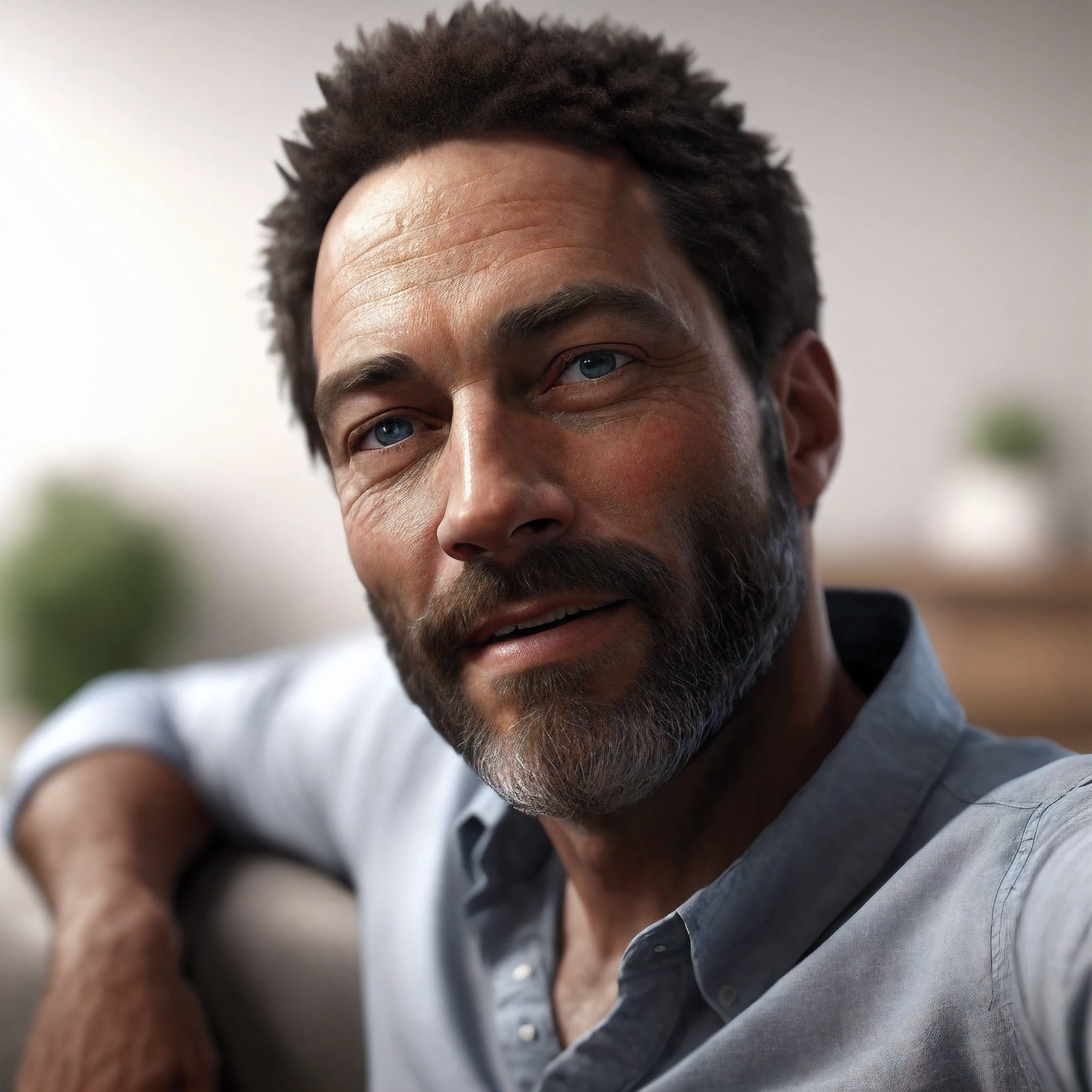 there is a man with a beard and a blue shirt, 8k portrait render, highly detailed vfx portrait, high quality portrait, soft portrait shot 8 k, cinematic realistic portrait, realistic portrait photo, highly detailed vfx portrait of, rendered in corona, realistic portrait, 8k highly detailed face, detailed portrait shot, a portrait of the character, ultra - realistic faces