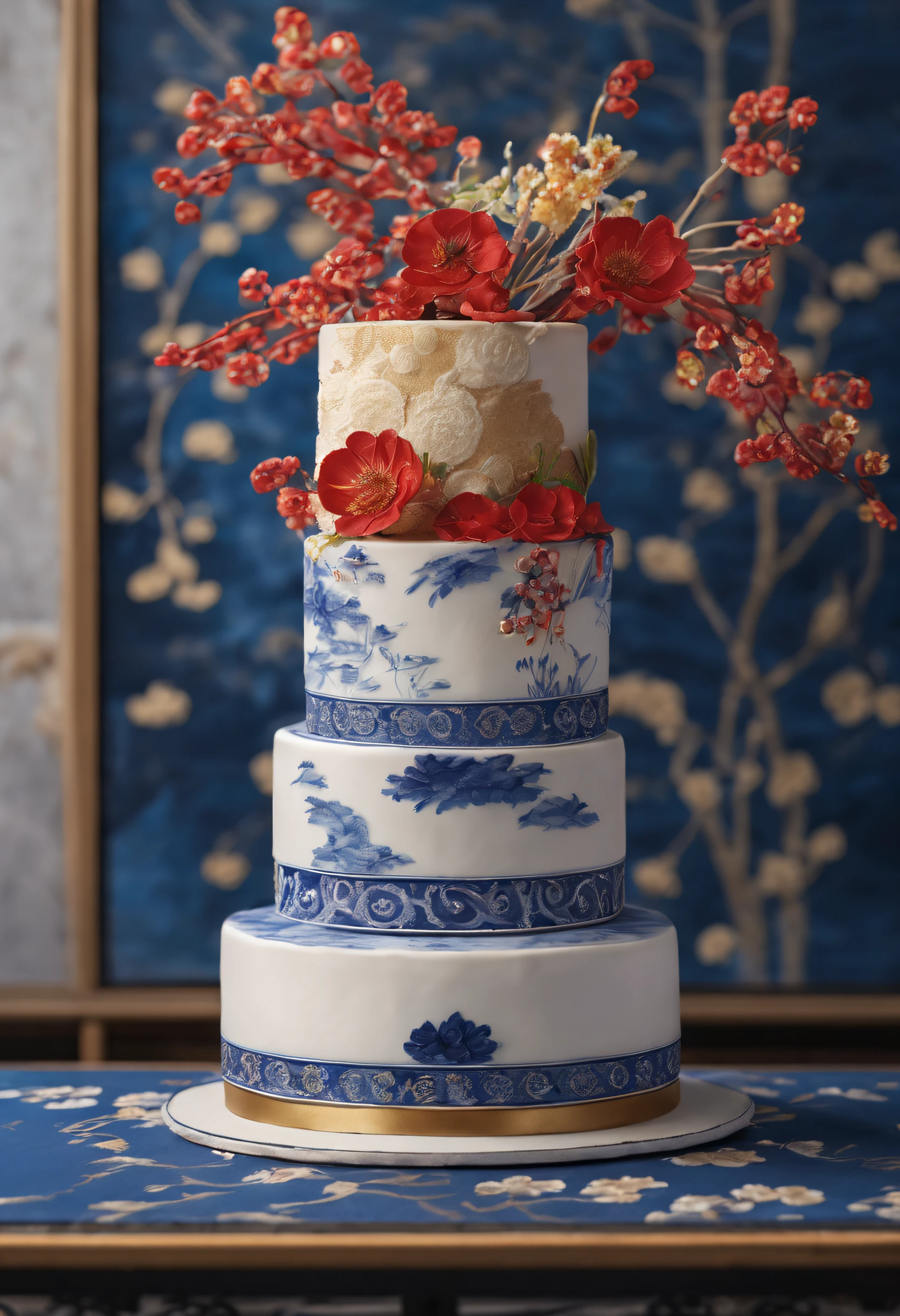 (Cake on a plate) ,Blue and white design, cake art, Blue, White and gold, Jelly cake, Blue and white clothes, The edge of the cake,Complex pastry-making techniques,Delicate lace loops were made。These laces are predominantly golden yellow and red,It is inlaid with a variety of small and delicate cherry blossoms and hibiscus flowers,Adds a rich color and texture to the cake,At the same time, It also symbolizes China's prosperity and abundance。chinese blue and white porcelain, Cake sculpture
Add a little background: Dark blue,close up photograph,Photography,a beautiful painting by Tan Yin,Alphonse Mucha,Ukiyo-e art,,Masterpiece,Chinese painting,dripping paint,author:nobuyoshi araki, author:paul barson,Mellow Atmosphere,Calm atmosphere,Depth of field (degrees of freedom),Close up,gentle illumination, --AR 9:16 --style raw --upbeta3D rendering
