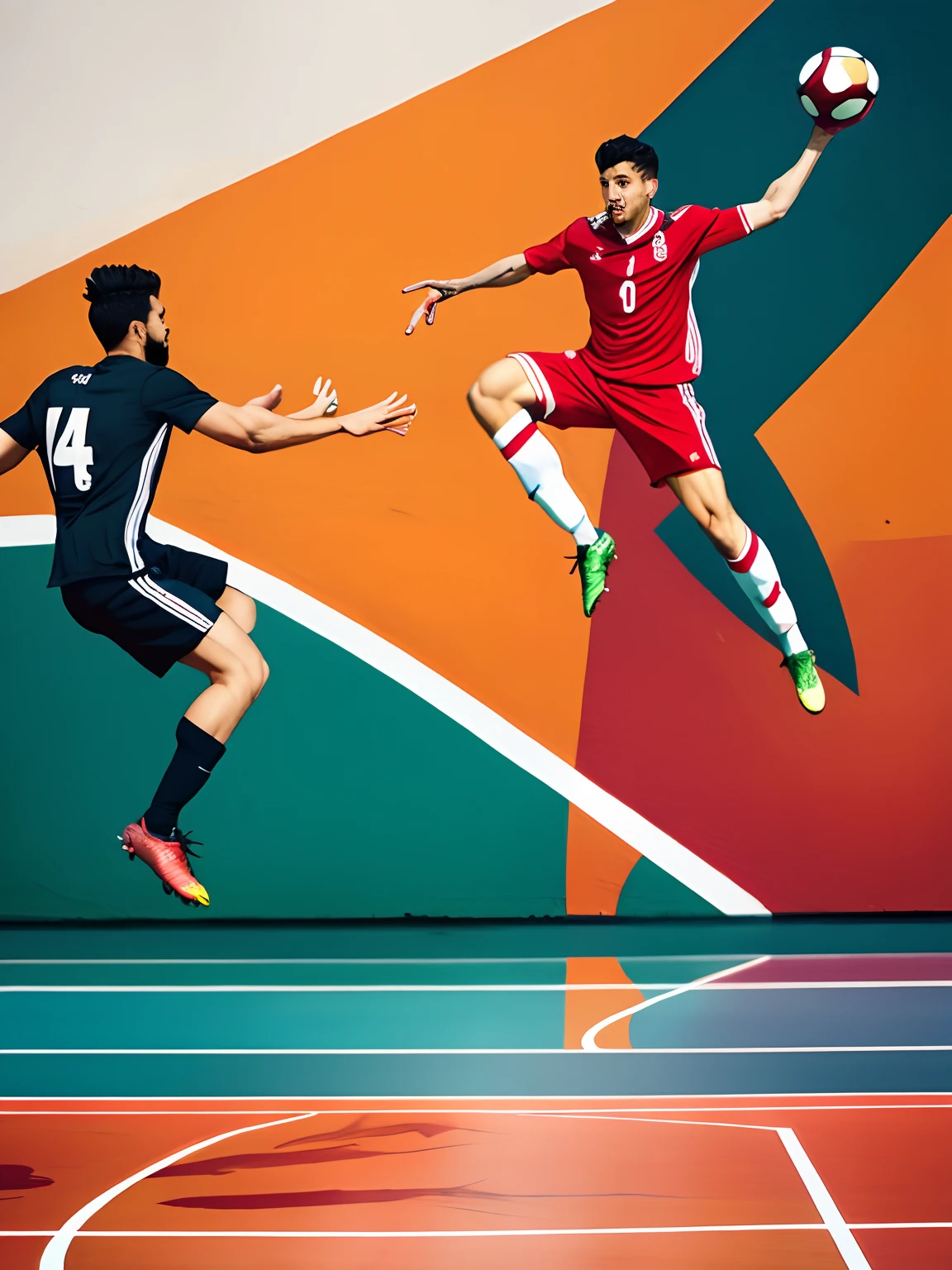 Boys playing soccer on a court with a wall mural behind them, Dribles, Capturado no iPhone, competition winning, action shot, dynamic action shot, Correndo, jogar futebol, tirado no iphone 1 3 pro, Tiro no iPhone 1 3 Pro, in an action pose, tiro interno, Dando um chute, Tiro no iPhone 1 3 Pro Max, muito poderoso