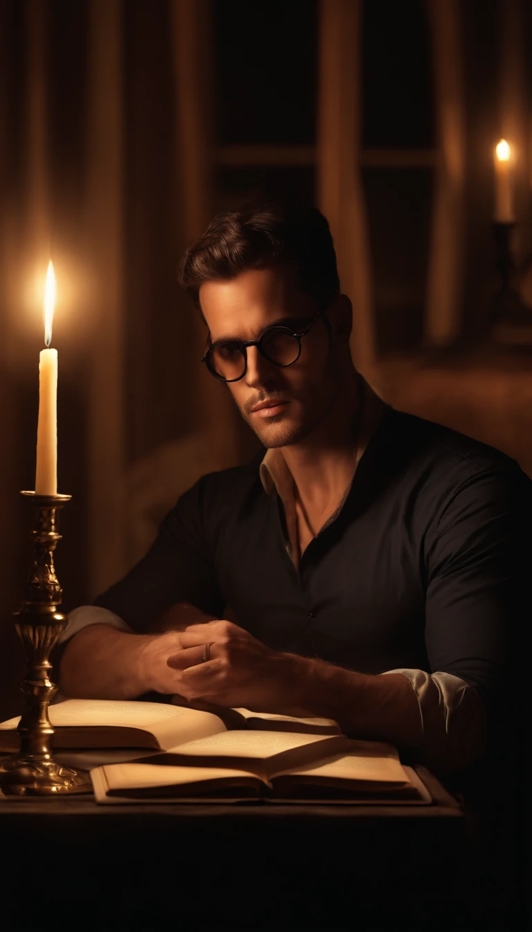Um belo escritor masculino , with depression , wearing goggles , em um quarto escuro cercado por livros , lit by candle light , Beautiful photorealistic illustration , detalhes intrincados, olhar para frente, olhando para mim