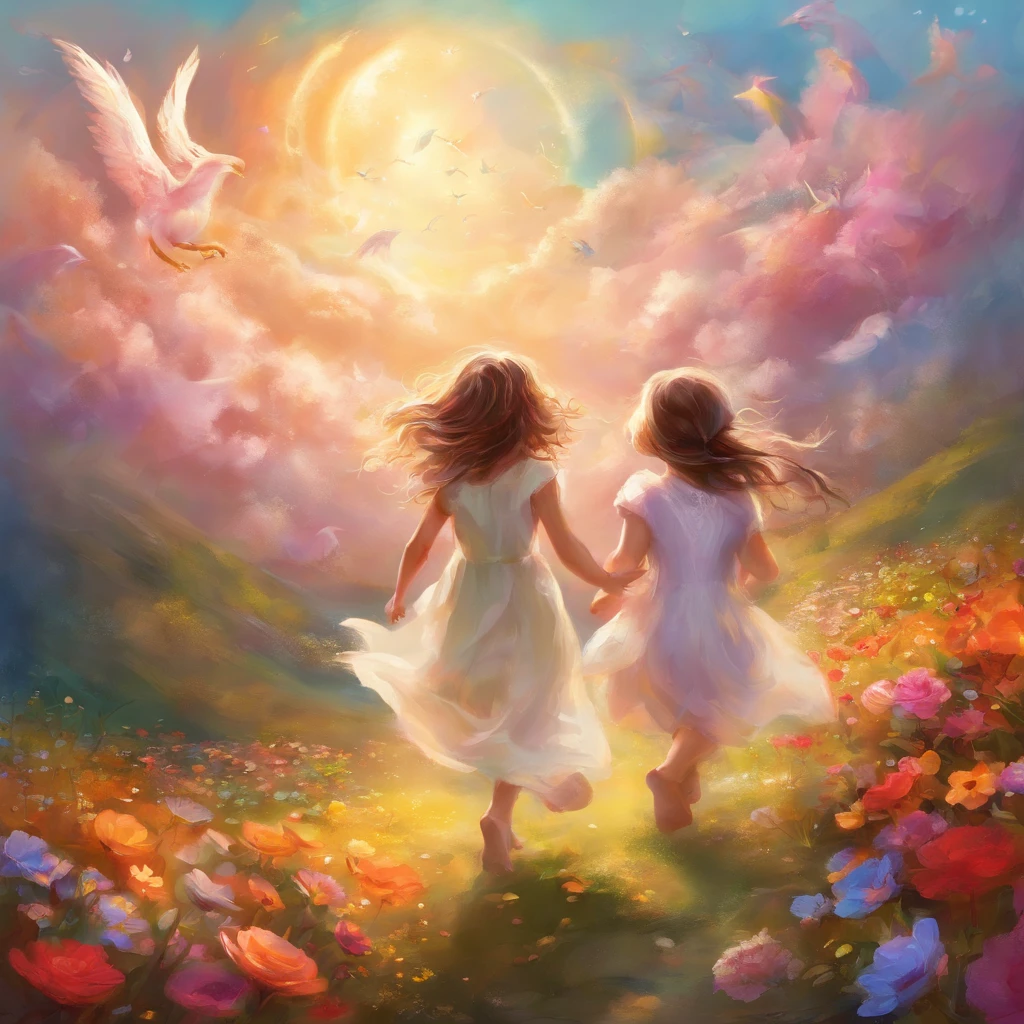 Children are running through heaven.we cant see their faces.heaven is full of colorfull flowers.