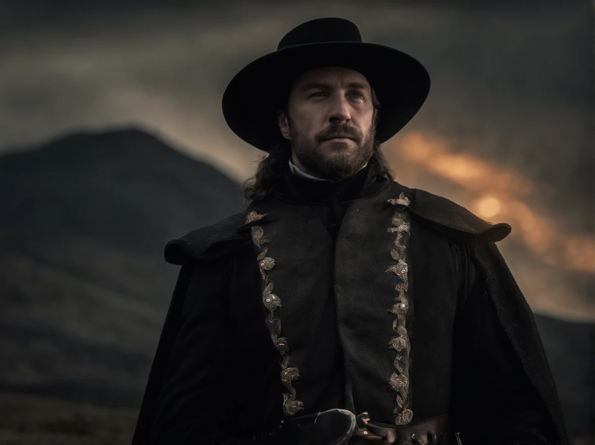 "Man with a big black hat, a wide black cloak, wearing black clothes, with flaming eyes, riding a black horse with fiery eyes, on the moon."