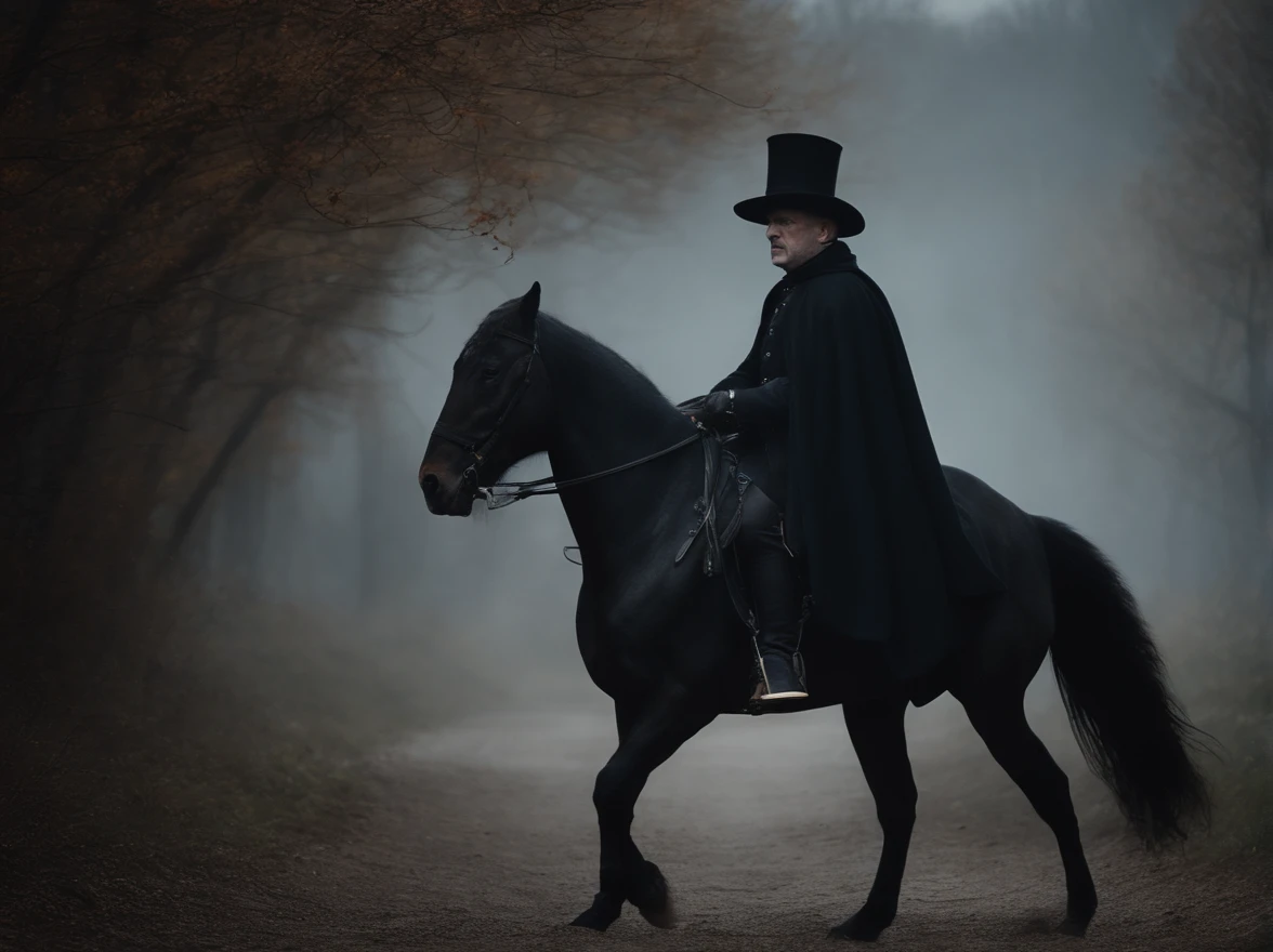 "Man with a big black hat, a wide black cloak, wearing black clothes, with flaming eyes, riding a black horse with fiery eyes, on the moon."