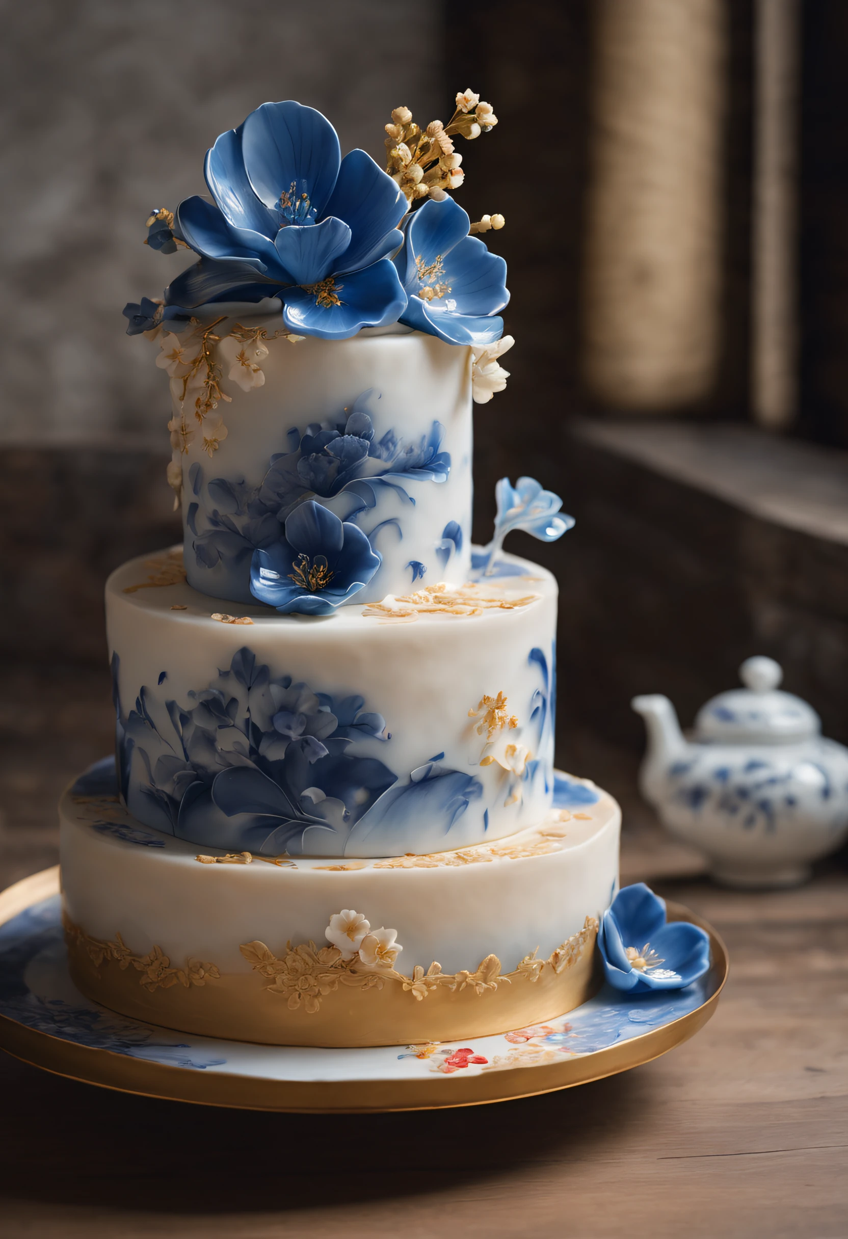 （Cake on a plate） ，Blue and white design, cake art, Blue, White and gold, Jelly cake, Blue and white clothes, The edge of the cake，Complex pastry-making techniques，Delicate lace loops were made。These laces are predominantly golden yellow and red，It is inlaid with a variety of small and delicate cherry blossoms and hibiscus flowers，Add rich color and texture to cakes，At the same time, It also symbolizes China's prosperity and abundance。chinese blue and white porcelain, Cake sculpture
Add a little background: Dark blue,close up photograph,Photography,a beautiful painting by Tan Yin,Alphonse Mucha,Ukiyo-e art,,Masterpiece,Chinese painting,dripping paint,author：nobuyoshi araki, author：paul barson,Mellow Atmosphere,Calm atmosphere,Depth of field (degrees of freedom),Close up,gentle illumination, --AR 9:16 --style raw --upbeta3D rendering