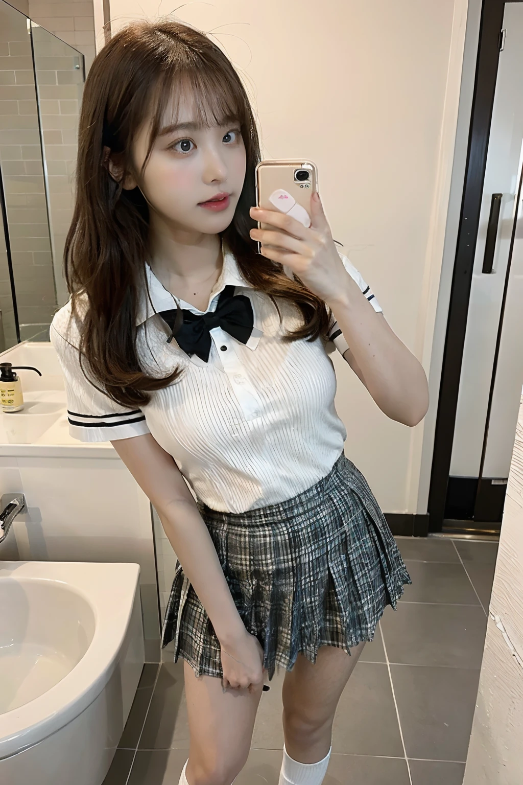 masterpiece, Photo-realistic, best quality, 8k ultra-detailed, illustration, Warm light, full body photo, (paisura:1.4), 1girl, , Baby Face, No makeup, hair tie, no breasts, super small breasts, ngực phẳng, Both eyes are equal, black eyes, necktie, black mini skirt, school mini dresses, The shirt button opens, bag, black hair, Classrooms, empty room, between breasts, Bra with cute prints, panties printed with cute patterns