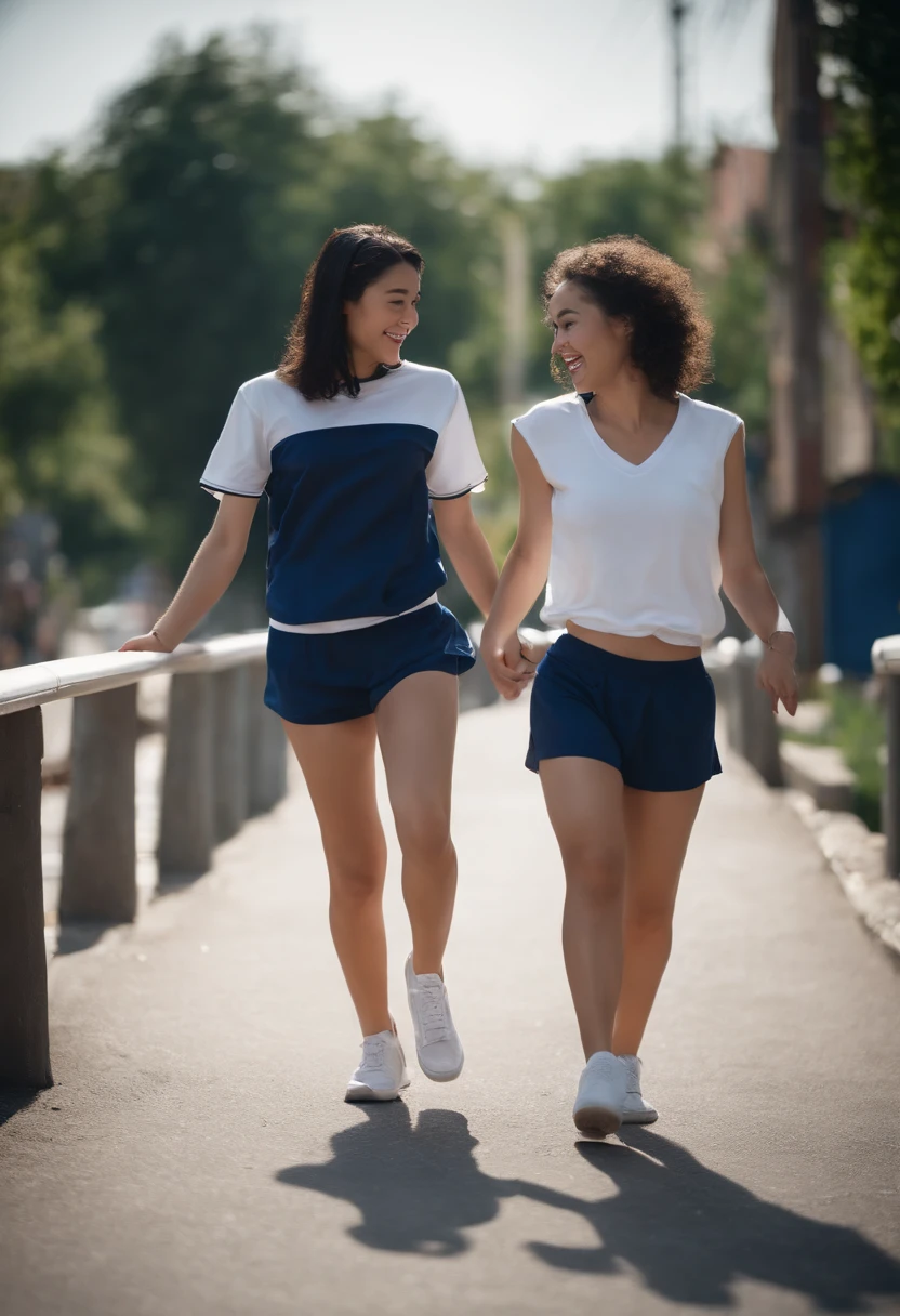 Road, police car, best quality, masterpiece, black hair,18 years old pretty girl,dark blue bloomers,white gym clothes,wearing dark blue bloomers,ass through bloomers,smile,white skin,standing,two are good friends,lesbian,flirting,hugging,laughing,shy,