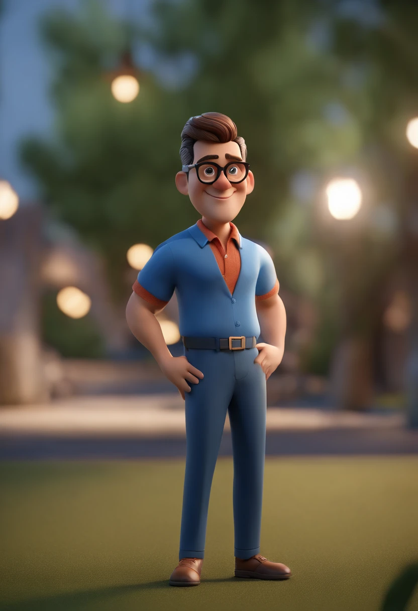 Cartoon character of a man wearing black glasses and a blue shirt, um personagem animado, Caractere estilizado, animation style rendering, 3D estilizado, Arnold Maya render, 3 d render stylized, toon render keyshot, Personagem 3D, Personagem 3D, 3d rendering stylized, 3 d character render, personagem de desenho animado, Personagem de close up, Pose de personagem, (Estilo Pixar) (master part:1.2) (Bokeh) (best quality) (pele detalhada) (textura detalhada) (8k) (argila) (Cinematic lighting) (foco nítido,Senta e vaza a parte superior do corpo