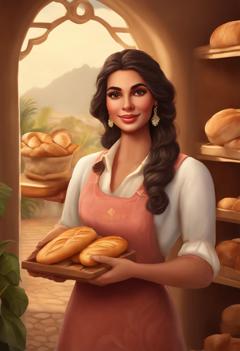 Personagem de desenho animado de um homem moreno, meio gordinho, pouco cabelo vestido de padeiro, With bread in hand. Com uma mulher branca, baixa estatura, gordinho, vestida de padeiro. Bakery scenery, em 3D.